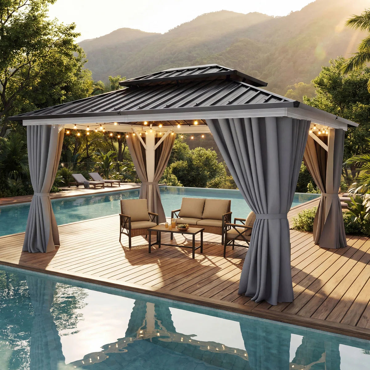 12' X 10' Aluminum Hardtop Gazebo – Double Roof Design with Weather-Resistant Canopy, Gray Curtains
