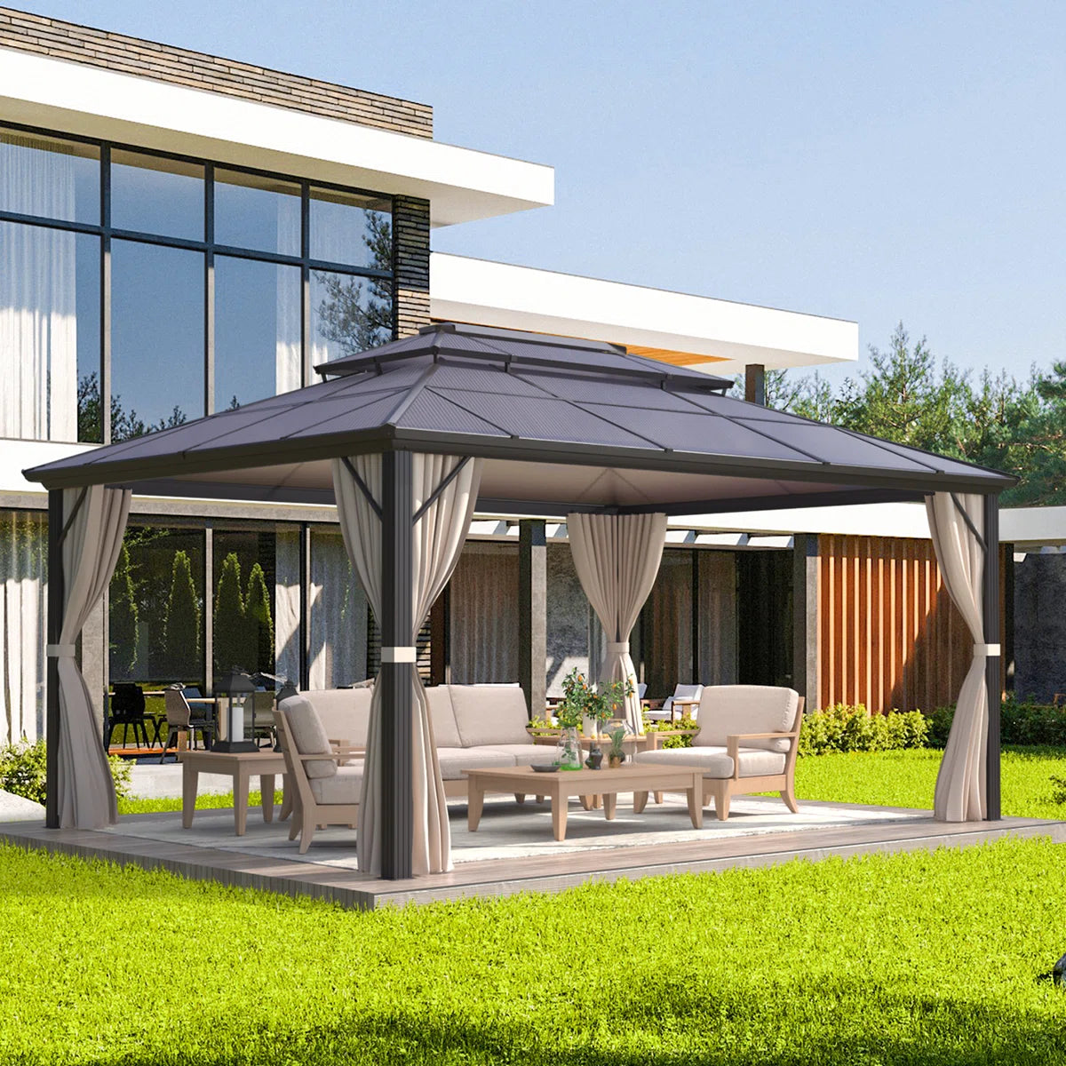 12 X 16ft Outdoor Gazebo With Polycarbonate Double Hardtop Roof