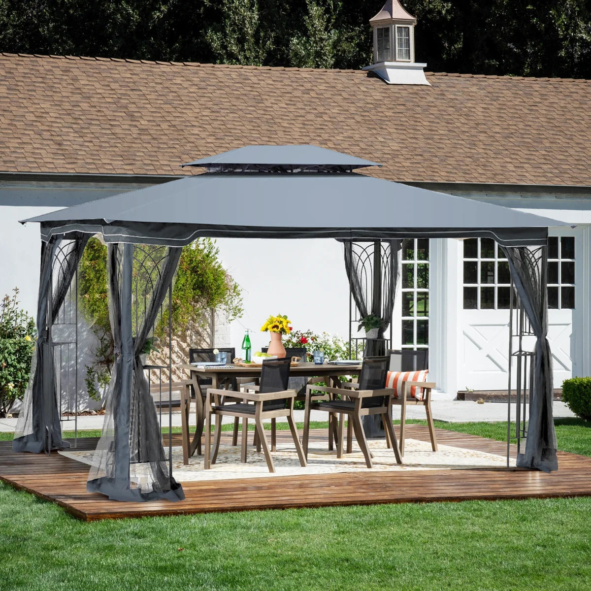 Outdoor Gazebo For Patio, Metal Frame Canopy With Double Roofs